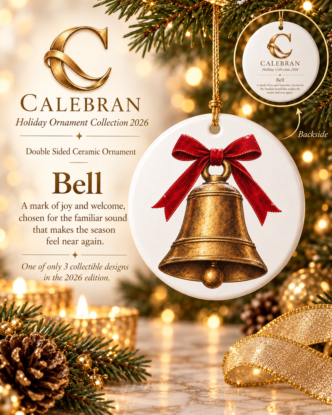 CALEBRAN Bell double sided ceramic holiday ornament