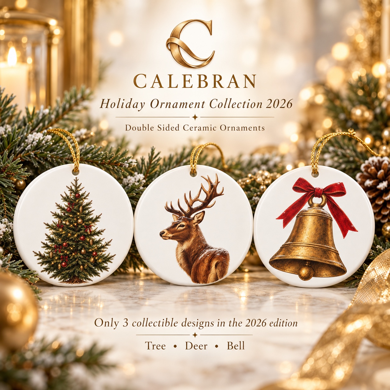 CALEBRAN 2026 ceramic holiday ornament set with Tree, Deer, and Bell designs