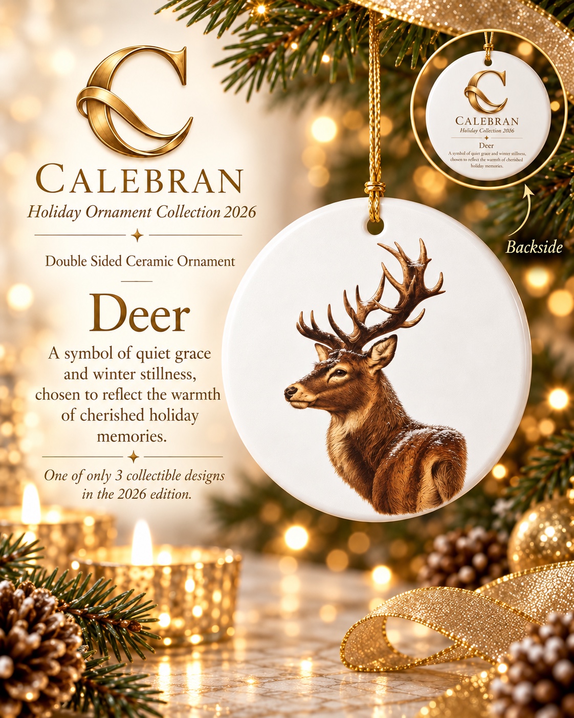 CALEBRAN Deer double sided ceramic holiday ornament