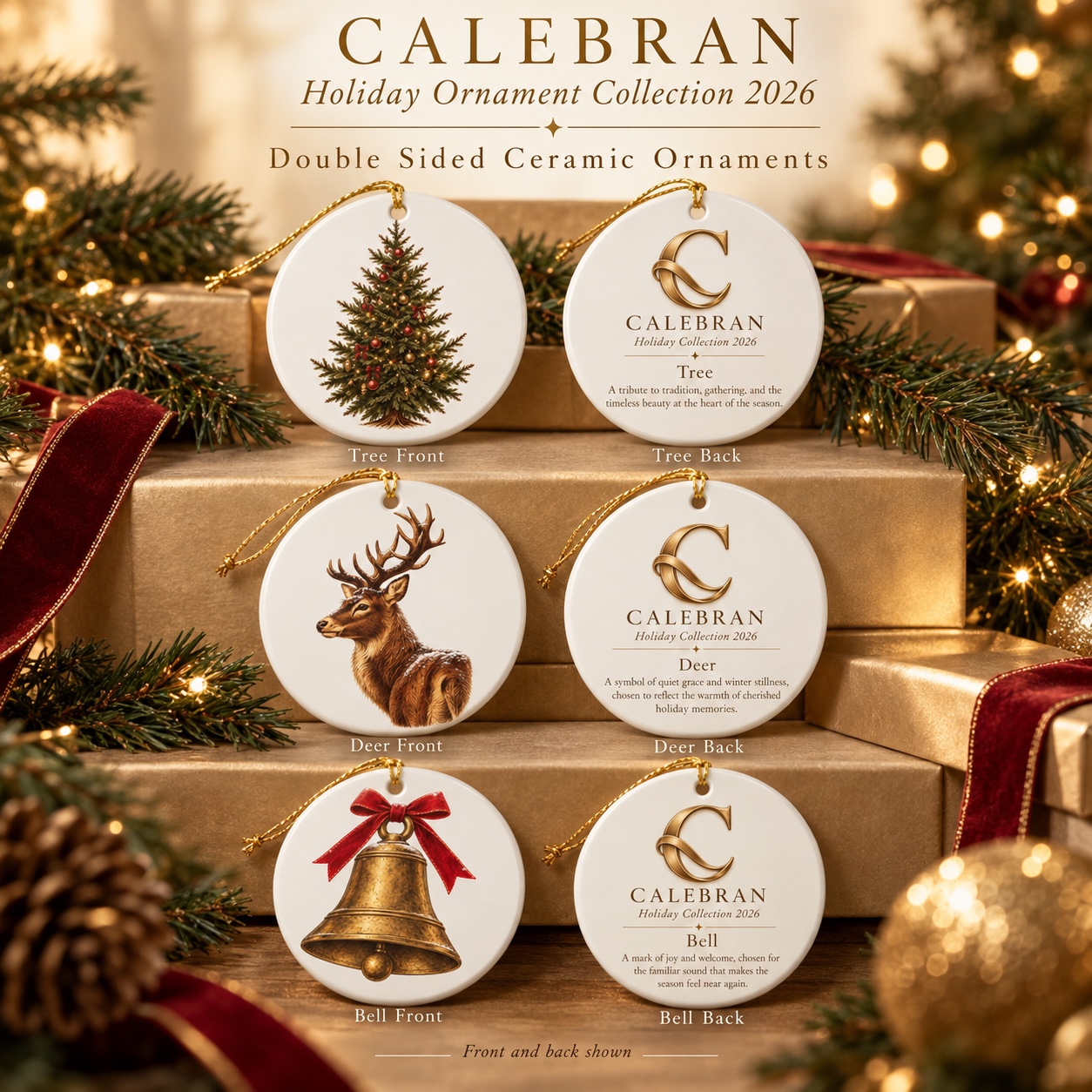 Front and back of all three Calebran ceramic ornaments.